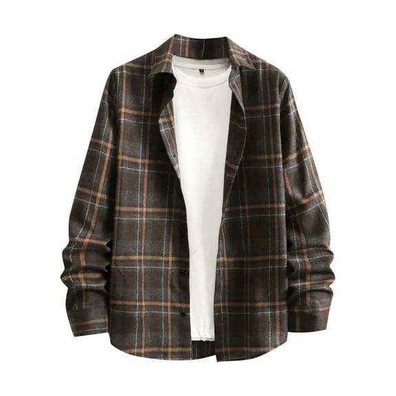 Stamzod Mens Plaid Printed Shirts Spring & Fall Long Sleeve Button Down Shirt Men Loungewear Daily Casual Cotton and Linen Shirts for Men Brown L