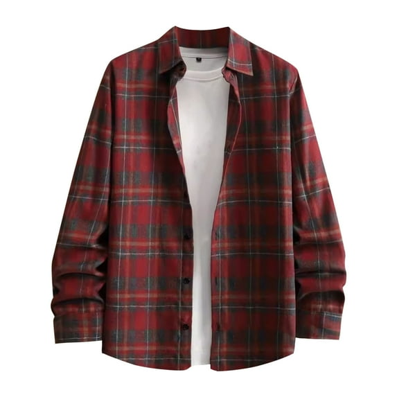 Stamzod Mens Plaid Printed Shirts Spring & Fall Long Sleeve Button Down Shirt Men Loungewear Daily Casual Cotton and Linen Shirts for Men Red XL