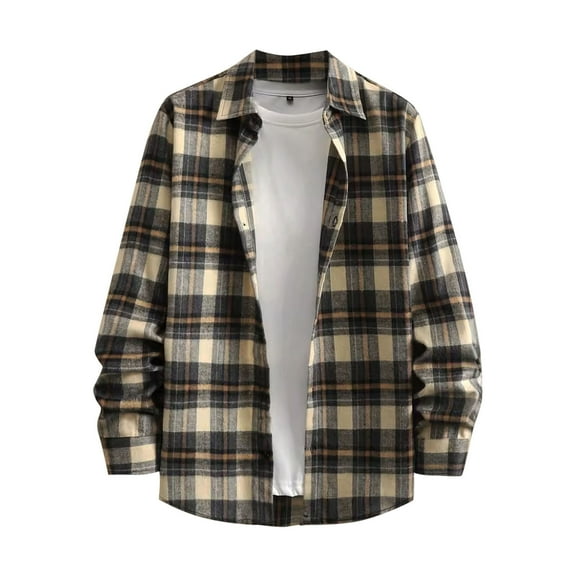 Stamzod Mens Plaid Printed Shirts Spring & Fall Long Sleeve Button Down Shirt Men Loungewear Daily Casual Cotton and Linen Shirts for Men Yellow L