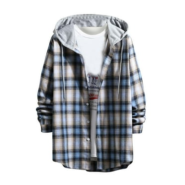 Stamzod Mens Plaid Shirts Long Sleeve Button Down Hoodies For Men Drawstring Vintage Lightweight Causal Jackets on Clearance