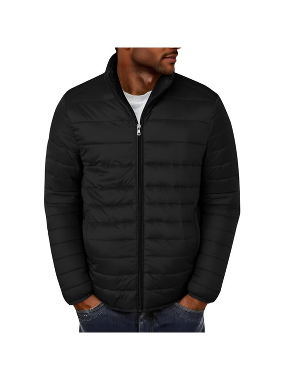 Mens Puffer Jackets Solid Color Stand Collar Warm Down Jacket Men Casual Zip Up Winter Coat with Pocket Black B M