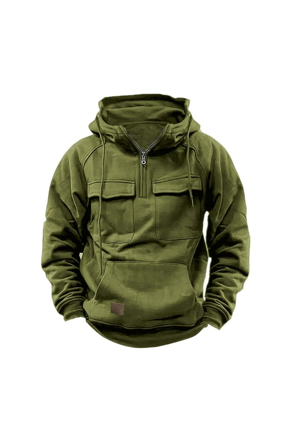 Mens Quarter Zip Pullover Hoodie with Multiple Pockets Tactical Sweatshirts Windproof Vintage Thermal Outdoor Fall Winter Hunting Tops On