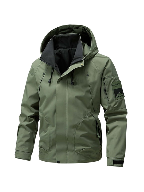 Mens Rain Jacket with Hood Solid Color Long Sleeve Rain Coat Outwear Plu Size Outdoor Hiking Coat Casual Waterproof Jackets for Men Army Green L