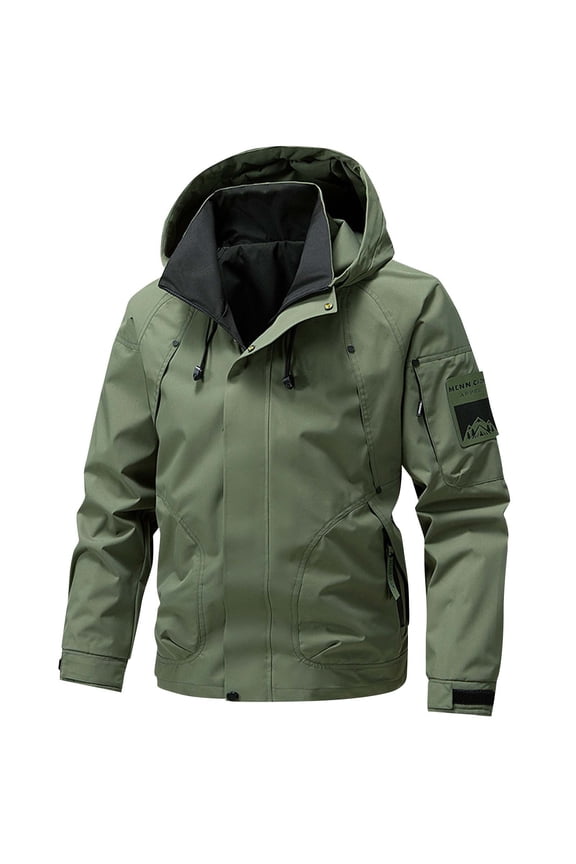 Mens Rain Jacket with Hood Solid Color Long Sleeve Rain Coat Outwear Plu Size Outdoor Hiking Coat Casual Waterproof Jackets for Men Army Green XL