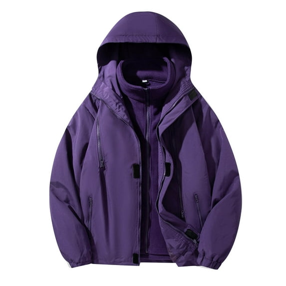 Stamzod Mens Rain Jacket with Hood Solid Color Waterproof Rain Coat and Detachable Fleece Jacket Winter Plus Size Casual Outdoor Hiking Windbreaker Jackets for Men Purple XXXXL