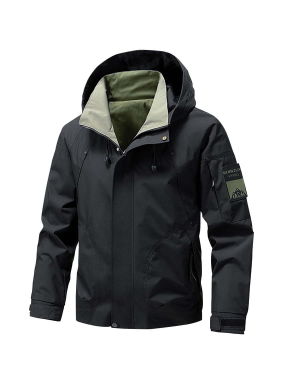 Mens Rain Jacket with Hood Solid Color Long Sleeve Rain Coat Outwear Plu Size Outdoor Hiking Coat Casual Waterproof Jackets for Men Black XL