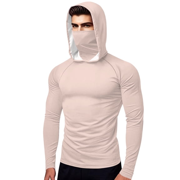 Stamzod Mens Rash Guard Long Sleeve Ice Silk Fishing Shirt with Mask Summer Solid Color Outdooor Casual Sun Hoodie for Hiking Camping Running Swim Pink S