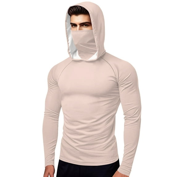 Stamzod Mens Rash Guard Long Sleeve Ice Silk Fishing Shirt with Mask Summer Solid Color Outdooor Casual Sun Hoodie for Hiking Camping Running Swim Pink XXXXL