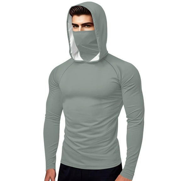 Stamzod Mens Rash Guard Long Sleeve Ice Silk Fishing Shirt with Mask Summer Solid Color Outdooor Casual Sun Hoodie for Hiking Camping Running Swim Silver S
