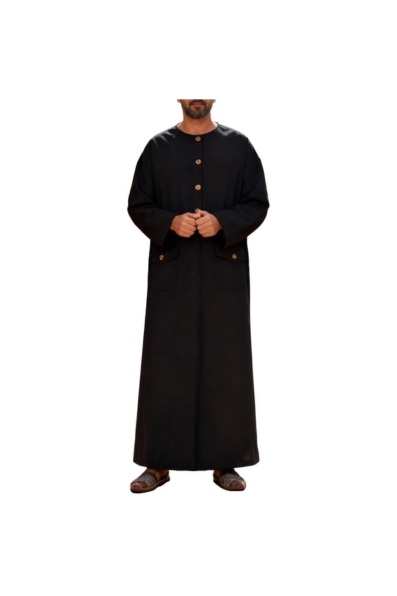 Mens Robe with Pocket Solid Color Button Long Sleeve Cotton Robes Ethnic Style Casual Round Neck Muslim Robe for Men Black Q L