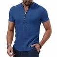 thumbnail image 1 of Stamzod Mens Shirt Summer Short Sleeve Imitation Cotton And Linen Shirt Stand Collar Button Beach Casual Tops Plus Size Mens Vacation Outfits Dark Blue W M, 1 of 6