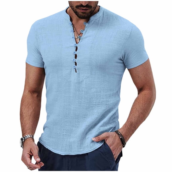 Stamzod Mens Shirt Summer Short Sleeve Imitation Cotton And Linen Shirt Stand Collar Button Beach Casual Tops Plus Size Mens Vacation Outfits Sky Blue W L
