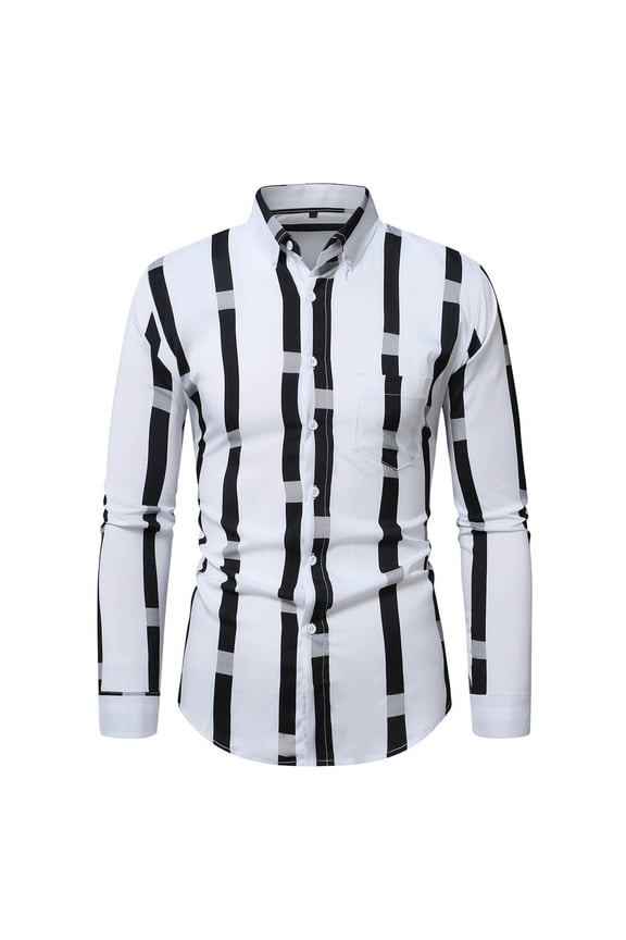 Mens Shirts Casual Business Strip Button Down Shirt Men Plus Size Long Sleeve Work Shirts with Pocket White XXL