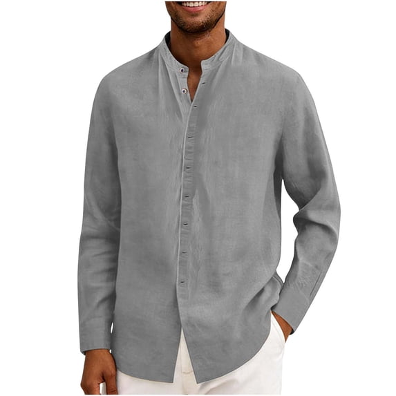 Stamzod Mens Shirts Casual Long Sleeve Button Down Shirt Men Cotton Linen Summer Beach Shirts Gray XXL