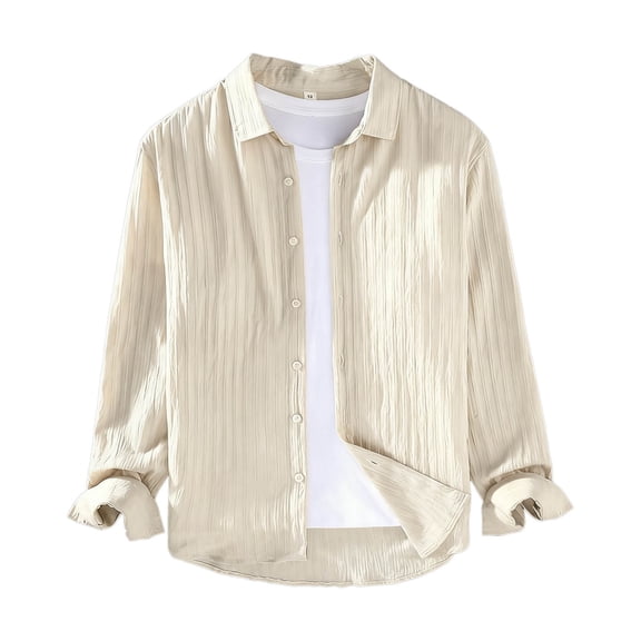 Stamzod Mens Shirts Casual Solid Color Turndown Button Up Shirt Men Oversized Long Sleeve Shirt Beige-1 XL