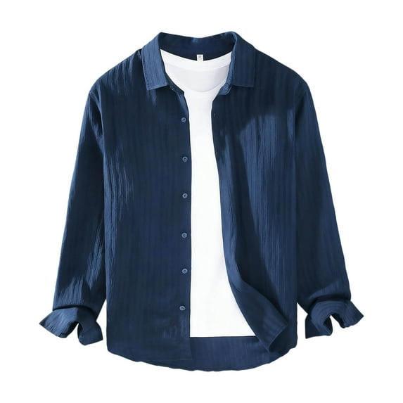 Stamzod Mens Shirts Casual Solid Color Turndown Button Up Shirt Men Oversized Long Sleeve Shirt Navy-1 L