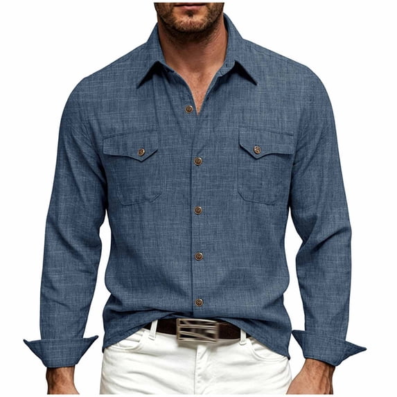 Stamzod Mens Shirts Casual Vintage Long Sleeve Button Up Beach Shirt Office Work Dress Shirts for Men with Pocket Dark Blue B M
