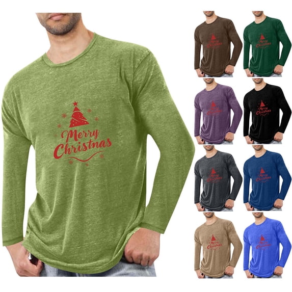 Stamzod Mens Shirts Fashion Christmas Printed Crewneck Oversized T Shirt Home Casual Long Sleeve Pajamas for Men Black-5 L