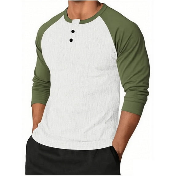 Stamzod Mens Shirts Fashion Patchwork Round Neck Button Blouses Shirts Casual Loose Fit Long Sleeve Shirt Mens Oversized T Shirt Army Green B XL