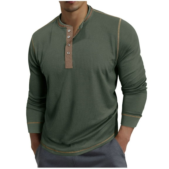 Stamzod Mens Shirts Fashion Solid Color Spring Crewneck Long Sleeve Pullover Tops Daily Casual Loose Fall Shirts for Men Army Green B L