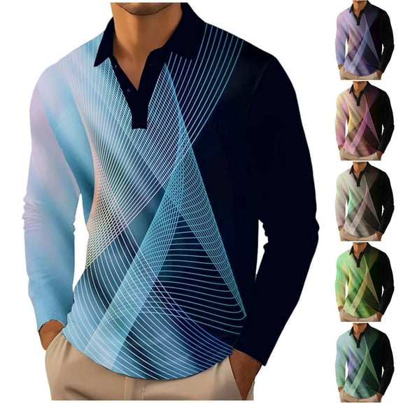 Stamzod Mens Shirts Fashion Strip Printed Turndown Long Sleeve Pulover Tops Casual Shirts for Men Light Blue-7 L