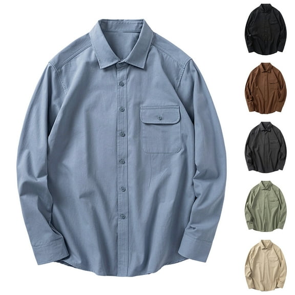 Stamzod Mens Shirts Fashion Vintage Solid Color Turndown Button Up Shirt Men Casual Cotton Long Sleeve Shirts for Men Army Green XXL