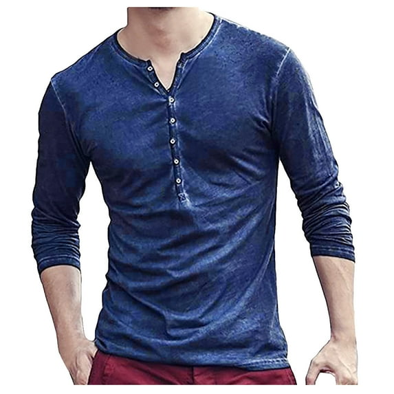 Stamzod Mens Shirts Fashion Vintage Solid Color V Neck Long Sleeve Tshirt Casual Loose Fit Workout Shirts for Men Blue L