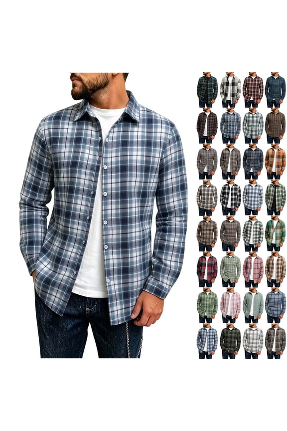 Mens Shirts Long Sleeve Collar Plaid Dress Shirts Casual Flannel Shirt for Men Green D L