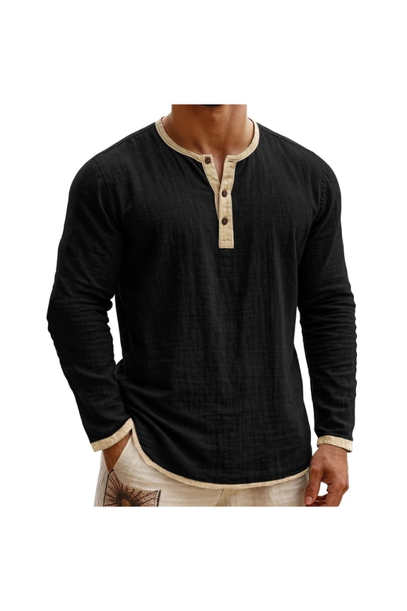 Mens Shirts Summer Long Sleeve Cotton Linen Shirt Solid Color Button Pullover Casual Tops Plus Size Fashion Workout Mens Clothes Black XL