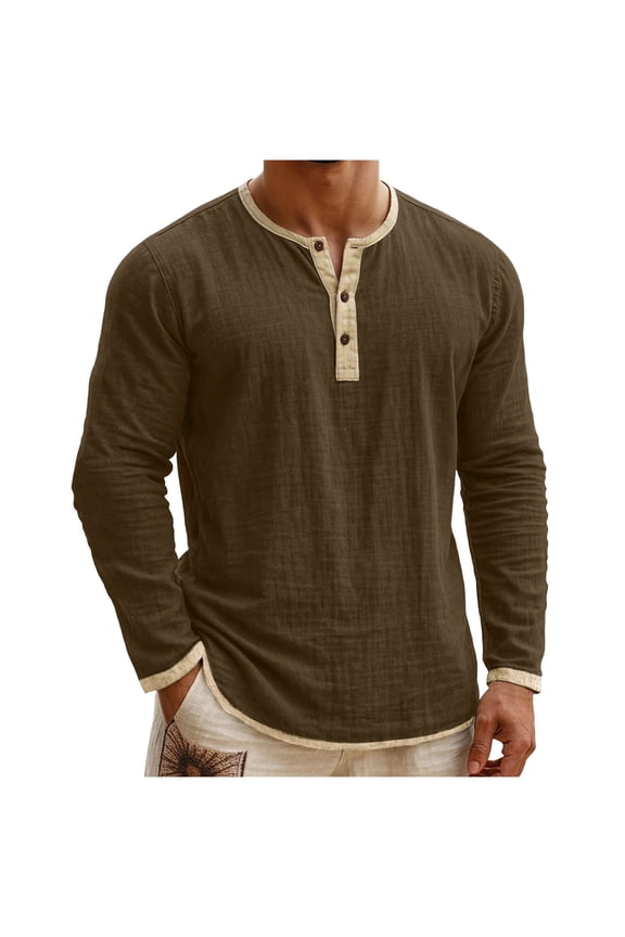 Mens Shirts Summer Long Sleeve Cotton Linen Shirt Solid Color Button Pullover Casual Tops Plus Size Fashion Workout Mens Clothes Brown XL