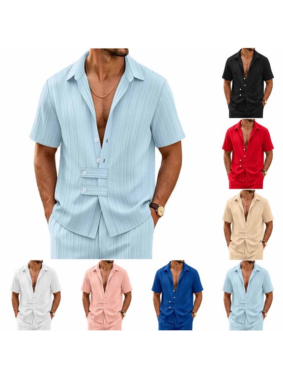 Mens Shirts Summer Short Sleeve Button Up Shirt Men Business Casual Deep V-Neck Beach Wedding Shirt Black XL
