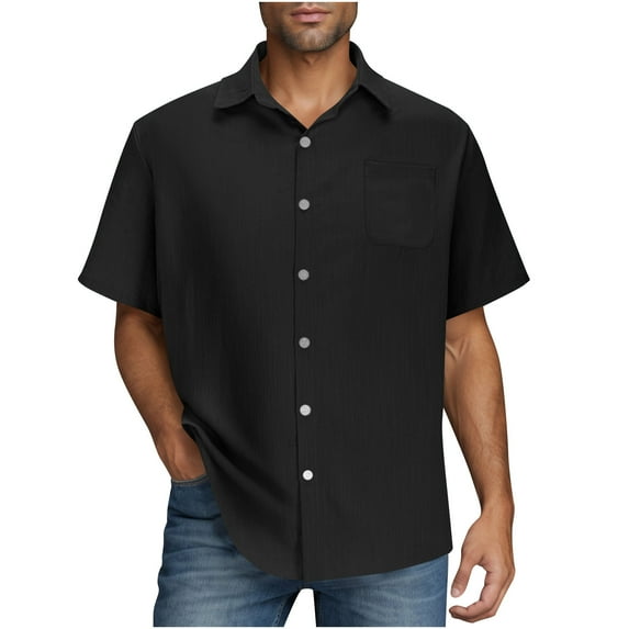 Stamzod Mens Shirts Summer Solid Color Short Sleeve Casual Shirts with Pocket Hawaiian Summer Wedding Shirt Plus Size Button Down Shirt for Men on Clearance Black AA XXXL
