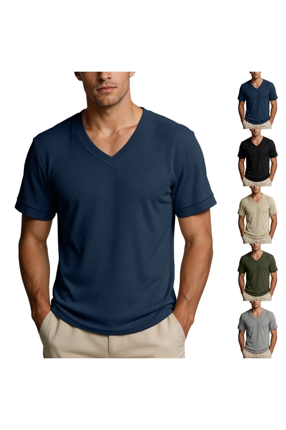 Mens Shirts Summer V-Neck Corduroy Pullover Tops Loose Casual Short Sleeve T-Shirts Plus Size Men Clothing Navy M