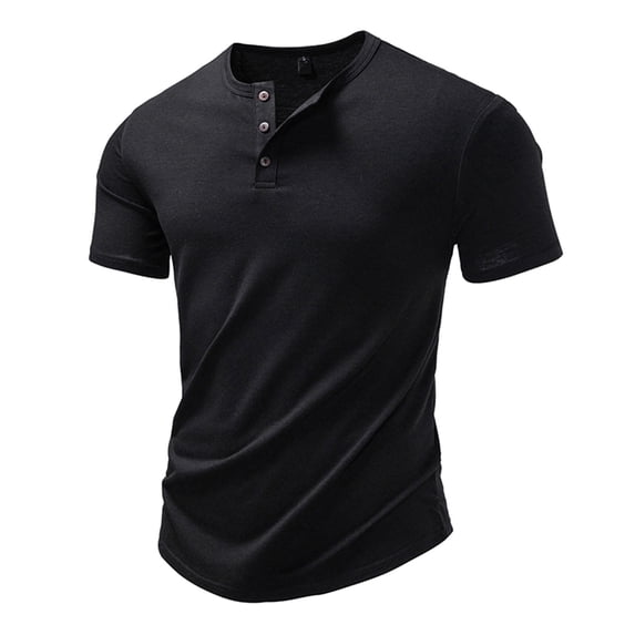 Stamzod Mens Short Sleeve Henley Shirts Loose Fit Crewneck T-Shirt Summer Gym Workout Tee Tops with Button Black D XL
