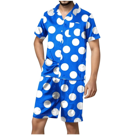 Stamzod Mens Short Sleeve Pajama Set Button Down 2 Piece Satin Pjs Shorts Set Print Soft Lightweight Comfy Sleepwear with Pockets