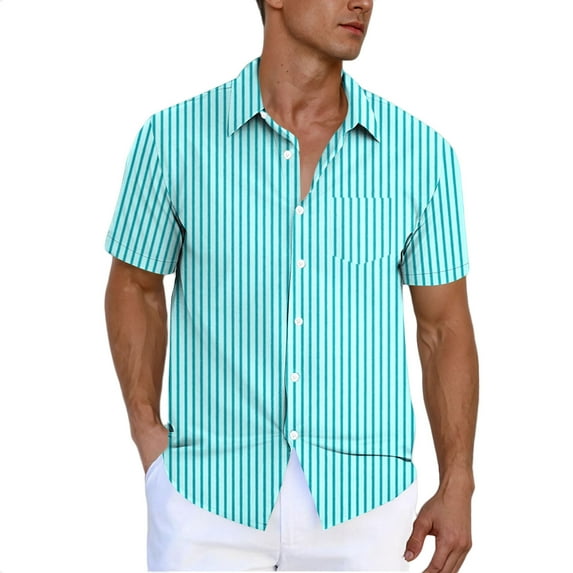 Stamzod Mens Striped Summer Shirt Casual Button Down Short Sleeve Beach Shirts with Pocket Plus Size Shirts for Men Light Blue XL