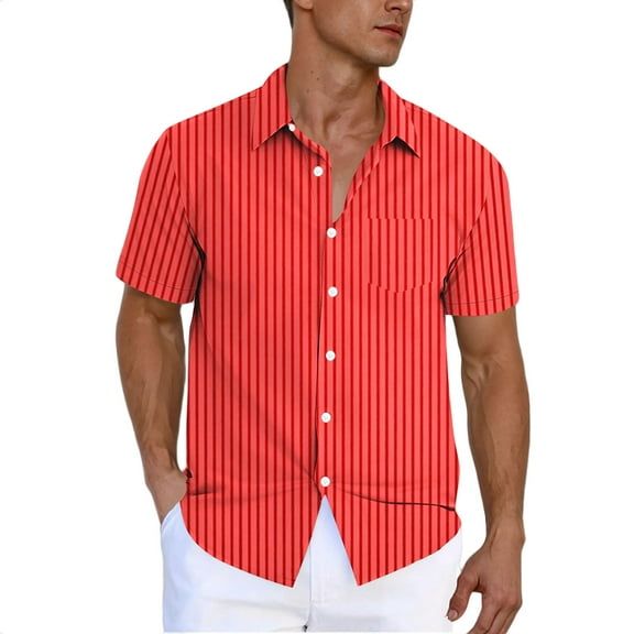 Stamzod Mens Striped Summer Shirt Casual Button Down Short Sleeve Beach Shirts with Pocket Plus Size Shirts for Men Red XXL