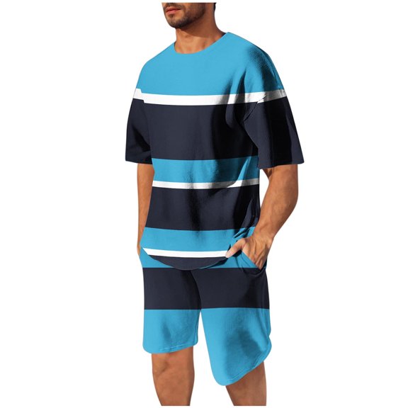 Stamzod Mens Summer Outfits Fashion Strip Printed Crew Neck Short Sleeve Shirts with Shorts Casual Tracksuit Men Plus Size Mens 2 Piece Outfits Sky Blue E S