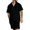 thumbnail image 1 of Stamzod Mens Summer Outfits Solid Color Short Sleeve Buttton Down Shirts and Shorts Mens 2 Piece Outfits Beach Vacation Clothes for Men Black S, 1 of 7
