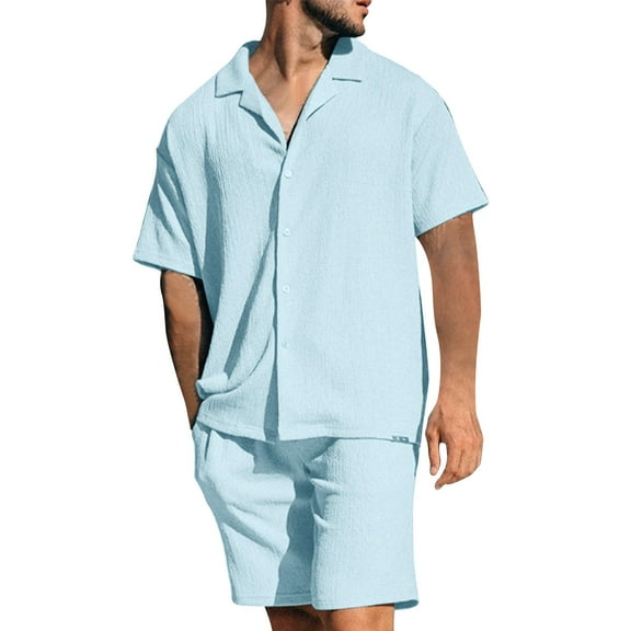 Stamzod Mens Summer Outfits Solid Color Short Sleeve Buttton Down Shirts and Shorts Mens 2 Piece Outfits Beach Vacation Clothes for Men Light Blue L