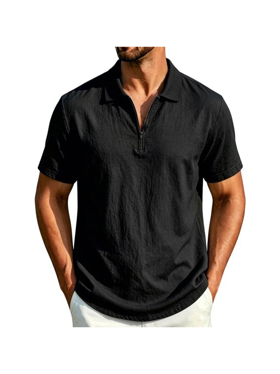 Mens Summer Shirts Collared Short Sleeve Quarter Zip Pullover Men Tops Business Casual Work Shirt Vacation Clothes Black B XXL