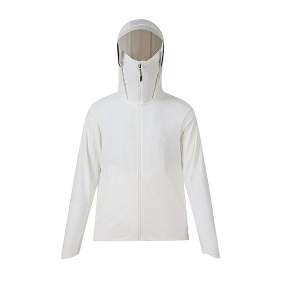 Stamzod Mens Sun Shirts UV Protection Long Sleeve Fishing Shirt Jackets with Mask Summer Solid Color Outdoor Camping Hiking Shirts Men Casual Athletic Sun Hoodie White D S