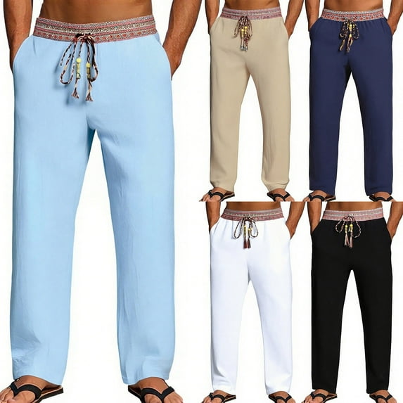 Stamzod Mens Sweatpants Fashion Vintage Patchwork Elastic Waist Drawstring Vacation Beach Pants with Pockets Plus Size Casual with Pockets White D M