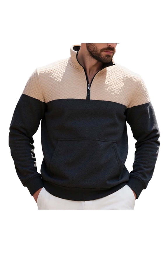 Mens Sweatshirt Fashion Patchwork Standing Collar Half Zipper Pullover Tops Casual Long Sleeve Sweatshirts for Men Black-1 XXL