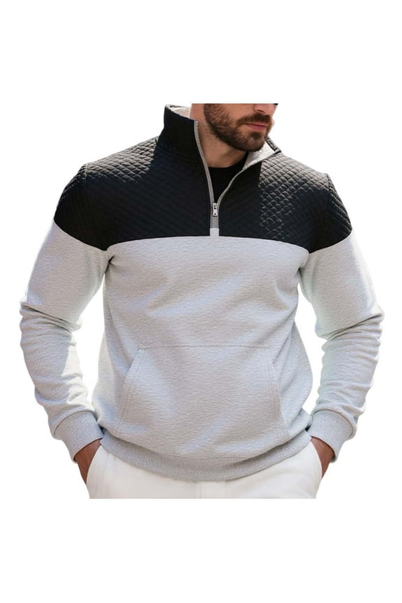 Mens Sweatshirt Fashion Patchwork Standing Collar Half Zipper Pullover Tops Casual Long Sleeve Sweatshirts for Men Gray-1 XXL