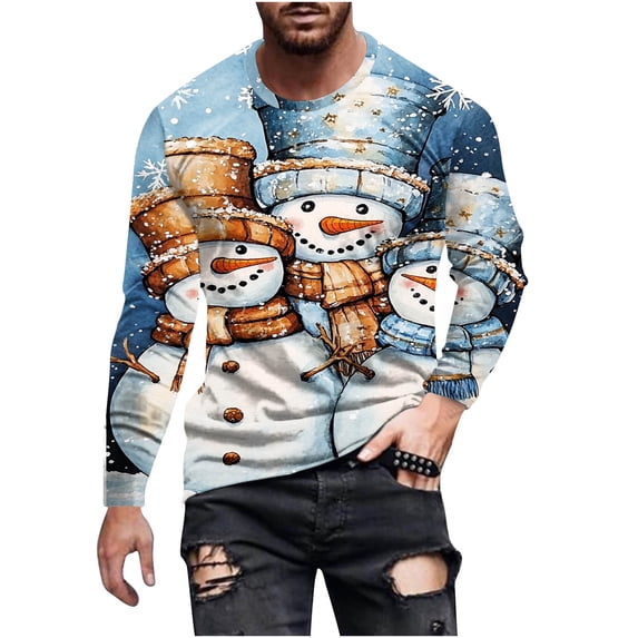 Stamzod Mens T-Shirts Fashion Christmas Printed Crewneck Pullover Tee Tops Long Sleeve Tshirts Shirts for Men Christmas Gifts Blue-4 S