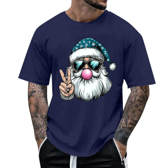 Stamzod Mens T-Shirts Santa Print Short Sleeve Funny Christmas Shirts 2025 Xmas Holiday Tshirts Shirts for Men Blue D XXL