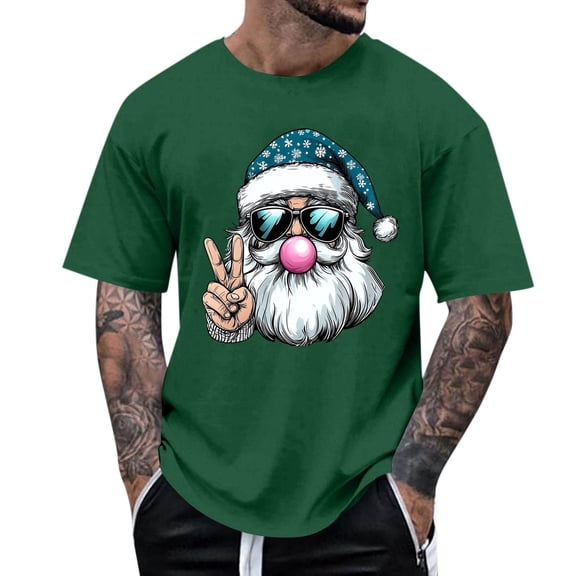 Stamzod Mens T-Shirts Santa Print Short Sleeve Funny Christmas Shirts 2025 Xmas Holiday Tshirts Shirts for Men Green D S