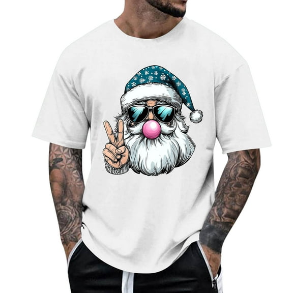 Stamzod Mens T-Shirts Santa Print Short Sleeve Funny Christmas Shirts 2025 Xmas Holiday Tshirts Shirts for Men White D M