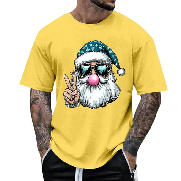 Stamzod Mens T-Shirts Santa Print Short Sleeve Funny Christmas Shirts 2025 Xmas Holiday Tshirts Shirts for Men Yellow D M